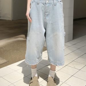 Light Blue Ripped Cropped Jeans for Men & Women - Retro American Style Summer Hip-Hop Loose Shorts Trend