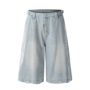 Light Blue Ripped Cropped Jeans for Men & Women - Retro American Style Summer Hip-Hop Loose Shorts Trend