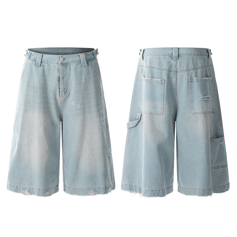 Light Blue Ripped Cropped Jeans for Men & Women - Retro American Style Summer Hip-Hop Loose Shorts Trend