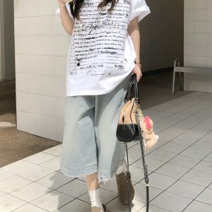 Light Blue Ripped Cropped Jeans for Men & Women - Retro American Style Summer Hip-Hop Loose Shorts Trend