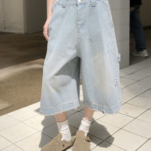 Light Blue Ripped Cropped Jeans for Men & Women - Retro American Style Summer Hip-Hop Loose Shorts Trend