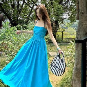 Light Blue Spaghetti Strap Dress with Cinched Waist and Flared Skirt for Beach Vacation, Summer Style, Vacation Ready