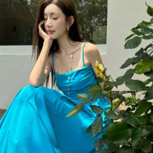 Light Blue Spaghetti Strap Dress with Cinched Waist and Flared Skirt for Beach Vacation, Summer Style, Vacation Ready