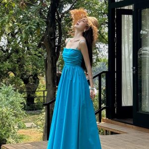 Light Blue Spaghetti Strap Dress with Cinched Waist and Flared Skirt for Beach Vacation, Summer Style, Vacation Ready