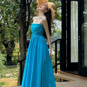 Light Blue Spaghetti Strap Dress with Cinched Waist and Flared Skirt for Beach Vacation, Summer Style, Vacation Ready