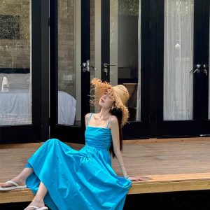 Light Blue Spaghetti Strap Dress with Cinched Waist and Flared Skirt for Beach Vacation, Summer Style, Vacation Ready