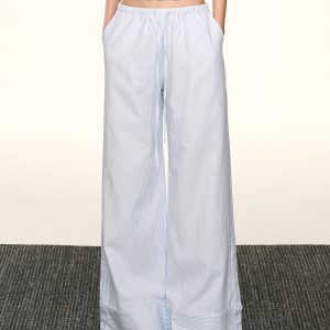 Light Blue Striped Drawstring Casual Pants for Women - Retro Wide-Leg Design for Spring and Summer, Relaxed Fit, Y2K Style