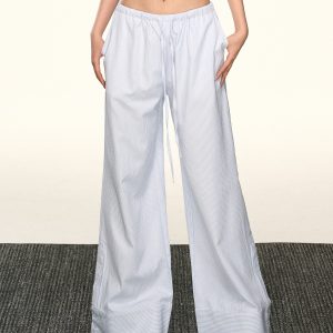 Light Blue Striped Drawstring Casual Pants for Women - Retro Wide-Leg Design for Spring and Summer, Relaxed Fit, Y2K Style