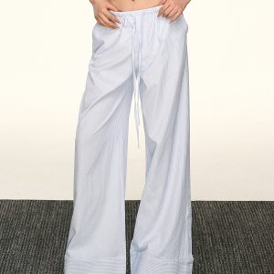 Light Blue Striped Drawstring Casual Pants for Women - Retro Wide-Leg Design for Spring and Summer, Relaxed Fit, Y2K Style