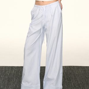 Light Blue Striped Drawstring Casual Pants for Women - Retro Wide-Leg Design for Spring and Summer, Relaxed Fit, Y2K Style