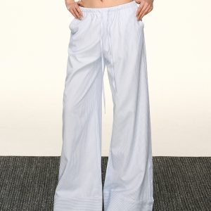 Light Blue Striped Drawstring Casual Pants for Women - Retro Wide-Leg Design for Spring and Summer, Relaxed Fit, Y2K Style