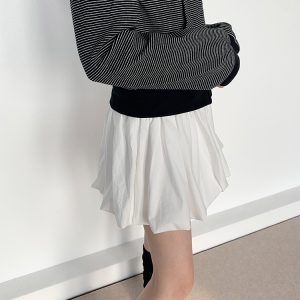 Light Blue Striped Floral Puff Skirt - Spring Collection Girl-Style Ballet Cake Skirt for a 90s Y2K Look