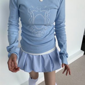 Light Blue Striped Floral Puff Skirt - Spring Collection Girl-Style Ballet Cake Skirt for a 90s Y2K Look