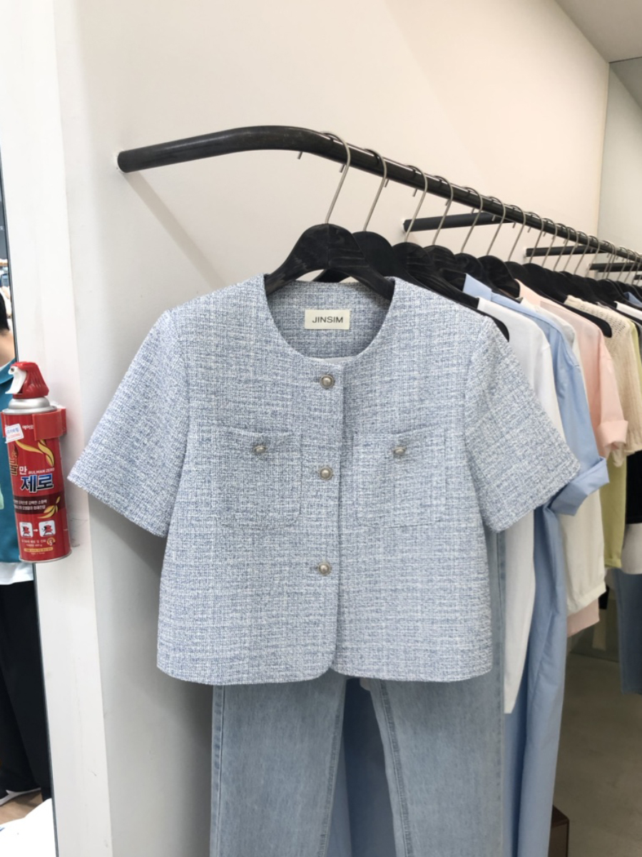Light Blue Summer Short Blazer - Korean Style, Thin Fabric, Short Sleeve Top, 2025 Fashion, Flattering Goddess Look Light Blue Summer Short Blazer - Korean Style, Thin Fabric, Short Sleeve Top, 2025 Fashion, Flattering Goddess Look