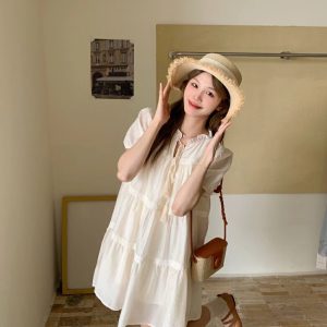 Light Blue Tassel Tie Dress for Women - Summer National Style Loose Fit, Beautiful Design, Small Size, Perfect for Y2K and Korean Fashion