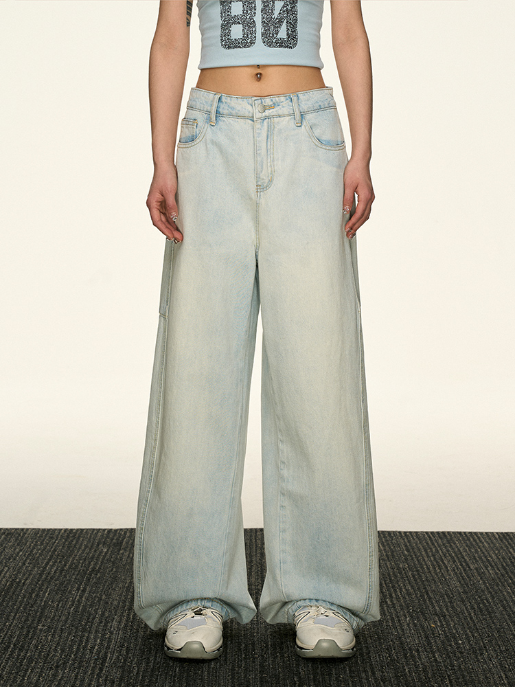 Light Blue Vintage Loose Denim Pants for Women - Summer Style High-End Drape Slim Straight Wide-Leg Trousers Light Blue Vintage Loose Denim Pants for Women - Summer Style High-End Drape Slim Straight Wide-Leg Trousers