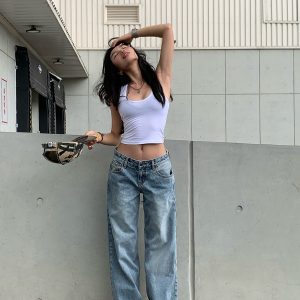 Light Blue Washed Denim Jeans - Low Waist Style, 90s Inspired, Casual Everyday Look, Perfect for Lazy Mornings