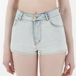 Light Blue Washed Stretchy Denim Shorts for Women - Retro 90s Style High-Waisted Casual Summer Shorts
