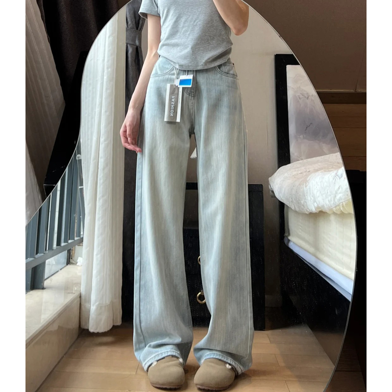 Light-Colored High-Waisted Wide-Leg Denim Pants for Women - Summer 2025 Plus Size Slim-Fit Straight-Leg Style