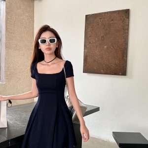 Light Fabric High-Waisted A-Line Skirt - Elegant Slimming Dark Blue Summer Style