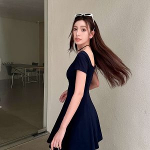 Light Fabric High-Waisted A-Line Skirt - Elegant Slimming Dark Blue Summer Style