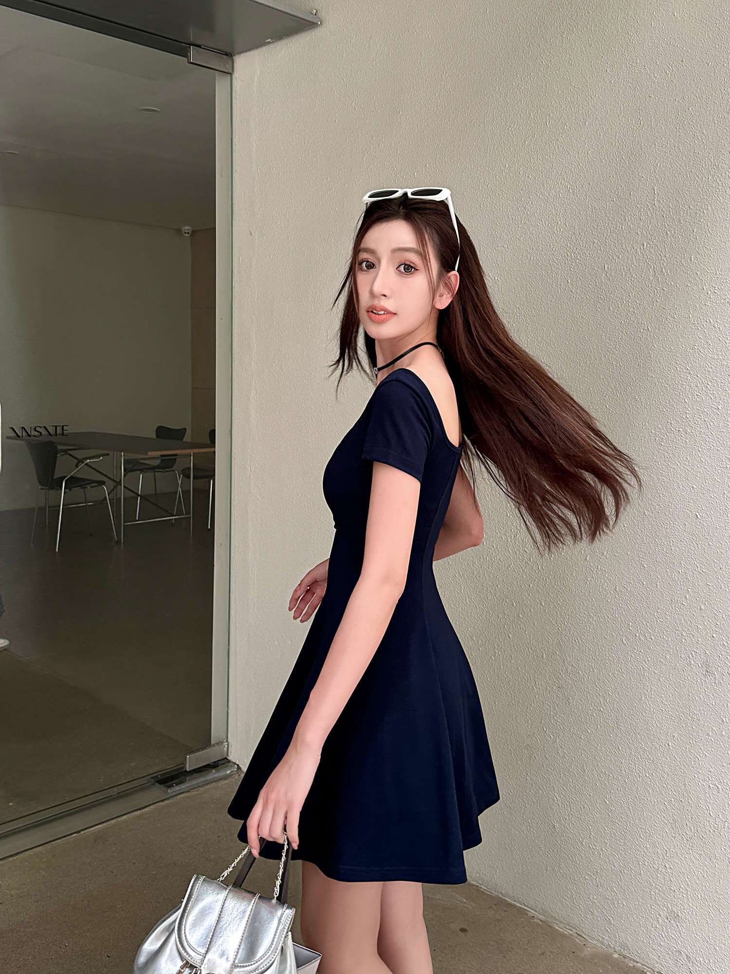 Light Fabric High-Waisted A-Line Skirt - Elegant Slimming Dark Blue Summer Style Light Fabric High-Waisted A-Line Skirt - Elegant Slimming Dark Blue Summer Style