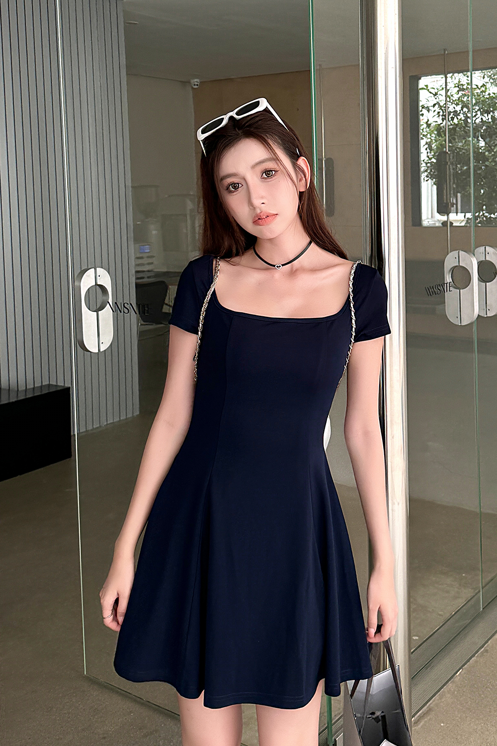 Light Fabric High-Waisted A-Line Skirt - Elegant Slimming Dark Blue Summer Style Light Fabric High-Waisted A-Line Skirt - Elegant Slimming Dark Blue Summer Style