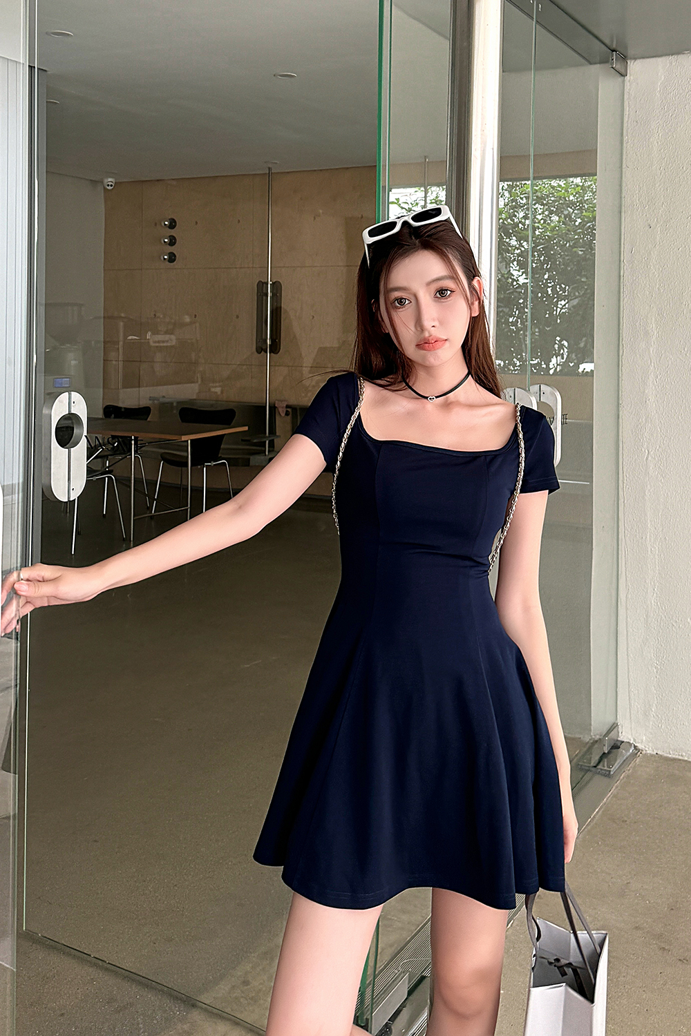 Light Fabric High-Waisted A-Line Skirt - Elegant Slimming Dark Blue Summer Style Light Fabric High-Waisted A-Line Skirt - Elegant Slimming Dark Blue Summer Style