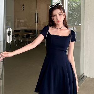 Light Fabric High-Waisted A-Line Skirt - Elegant Slimming Dark Blue Summer Style