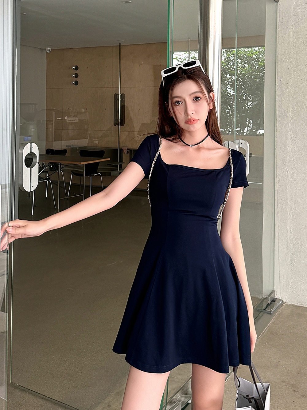 Light Fabric High-Waisted A-Line Skirt - Elegant Slimming Dark Blue Summer Style Light Fabric High-Waisted A-Line Skirt - Elegant Slimming Dark Blue Summer Style