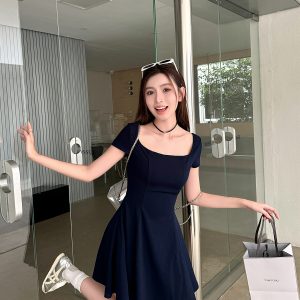 Light Fabric High-Waisted A-Line Skirt - Elegant Slimming Dark Blue Summer Style