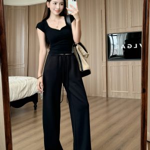 Light Fabric Summer Heart Collar Short Sleeve Slim T-Shirt & Low-Waist Draped Wide-Leg Pants Set for Women - Y2K Style