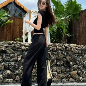 Light Fabric Summer Heart Collar Short Sleeve Slim T-Shirt & Low-Waist Draped Wide-Leg Pants Set for Women - Y2K Style