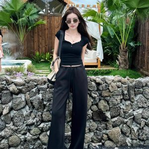 Light Fabric Summer Heart Collar Short Sleeve Slim T-Shirt & Low-Waist Draped Wide-Leg Pants Set for Women - Y2K Style