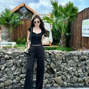 Light Fabric Summer Heart Collar Short Sleeve Slim T-Shirt & Low-Waist Draped Wide-Leg Pants Set for Women - Y2K Style