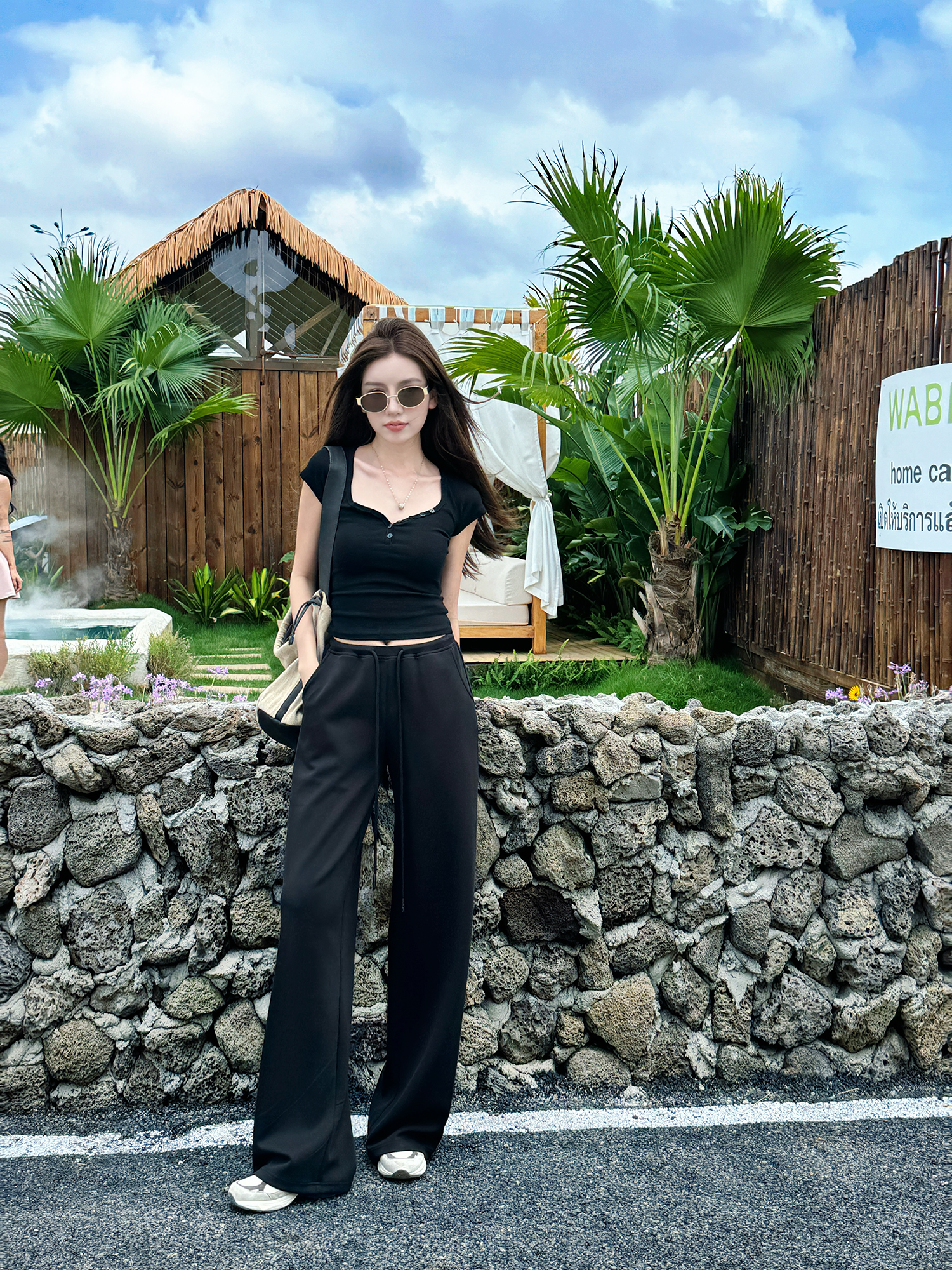 Light Fabric Summer Heart Collar Short Sleeve Slim T-Shirt & Low-Waist Draped Wide-Leg Pants Set for Women - Y2K Style Light Fabric Summer Heart Collar Short Sleeve Slim T-Shirt & Low-Waist Draped Wide-Leg Pants Set for Women - Y2K Style