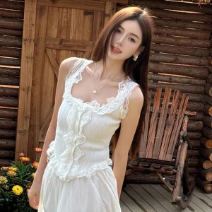 Light Fabric Summer Lace Trim Spliced Inner Knitted Vest Shirt for Women - Sweet & Spicy Style