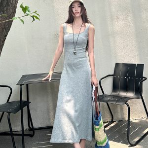 Light Gray Cotton Sleeveless Dress with Fitted Waist, French Style High-Waisted Long Skirt, Summer Thin Fabric for Women