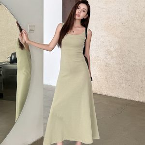 Light Gray Cotton Sleeveless Dress with Fitted Waist, French Style High-Waisted Long Skirt, Summer Thin Fabric for Women
