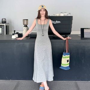 Light Gray Cotton Sleeveless Dress with Fitted Waist, French Style High-Waisted Long Skirt, Summer Thin Fabric for Women