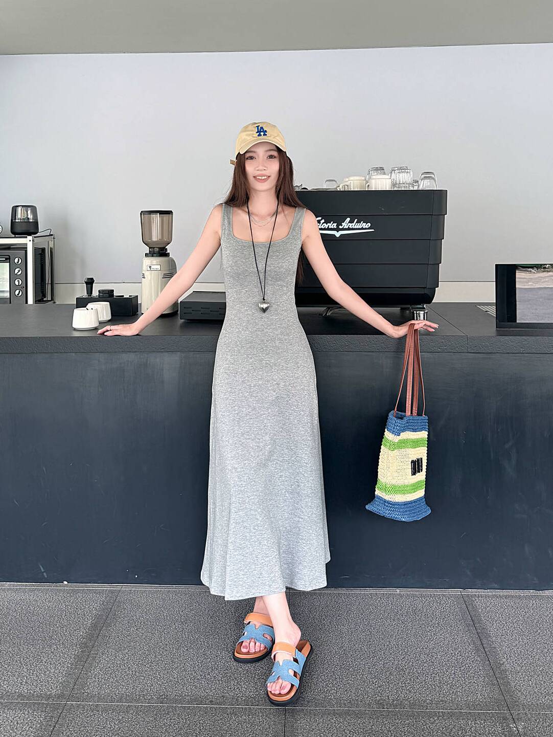 Light Gray Cotton Sleeveless Dress with Fitted Waist, French Style High-Waisted Long Skirt, Summer Thin Fabric for Women Light Gray Cotton Sleeveless Dress with Fitted Waist, French Style High-Waisted Long Skirt, Summer Thin Fabric for Women