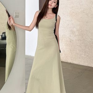 Light Gray Cotton Sleeveless Dress with Fitted Waist, French Style High-Waisted Long Skirt, Summer Thin Fabric for Women
