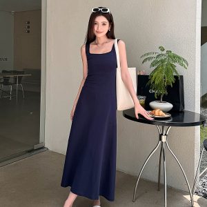 Light Gray Cotton Sleeveless Dress with Fitted Waist, French Style High-Waisted Long Skirt, Summer Thin Fabric for Women