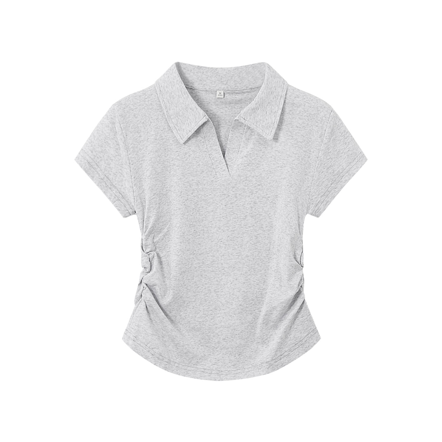 Light Gray Cropped Polo Shirt for Women - Short Sleeve, V-Neck, Slim Fit, Waist-Cinching Summer Top, Flattering Style