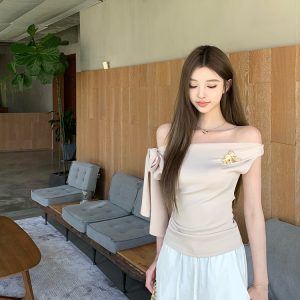 Light Jasmine Off-Shoulder Tie Strap Sleeveless T-Shirt for Women - Summer Temperament, Pure Desire, Y2K Style Top