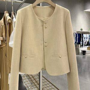 Light Khaki French-Style Short Blazer for Women, Spring Autumn 2025, Chic Mature Top, Korean Style Fashion