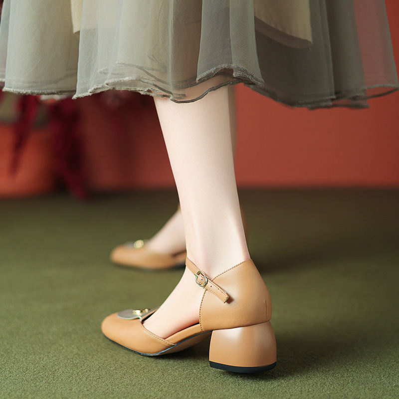 Light Luxury Baotou Sandals for Women - Hollow Genuine Leather Chunky High Heels, Stylish Mary Jane Shoes for Summer Fashion