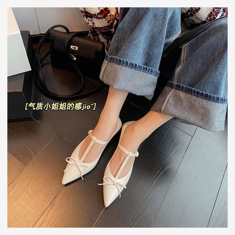 Light Luxury Bow Low-Heeled Pointed Toe Genuine Leather Mary Jane T-Strap Shoes for Chic Bourgeois Style