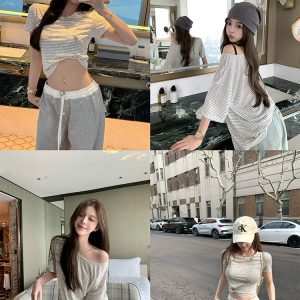 Light Oxygen Holiday Vintage Striped Short Sleeve T-Shirt for Women - Summer Casual Relaxed Round Neck Top, Y2K Style