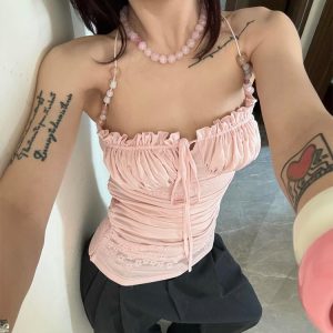 Light Pink Beaded Shoulder Strap Camisole for Women, Summer Lace Splicing Fitted Sexy Top, Y2K Style Outerwear
